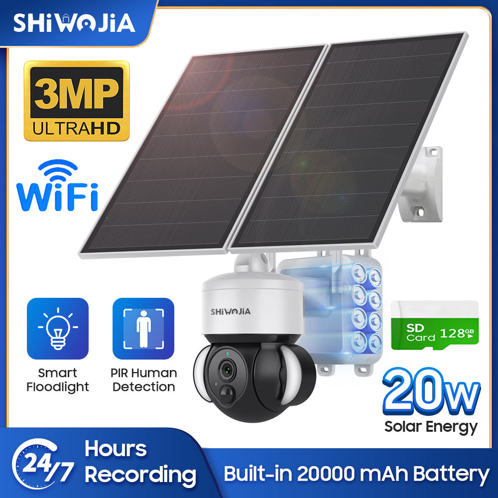 SHIWOJIA 3MP Solar Camera 4G SIM / WIFI Security Outdoor Recording Humanoid Tracking 20W 24/7 hours Solar Battery Floodlight PTZ Camera