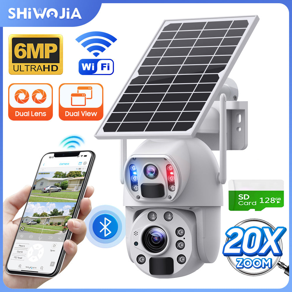 SHIWOJIA 20X Zoom 4G SIM / WIFI Cellular Security Camera Dual-Lens,6MP Solar Camera Wireless Outdoor,Siren Alarm,Color Night Vision,Dual Screen,Built in 12000mAh Battery