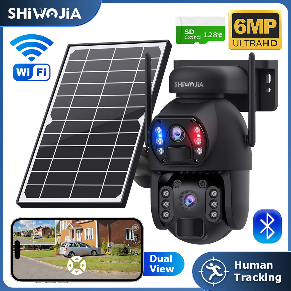 SHIWOJIA 4G SIM / WIFI Cellular Security Camera Dual-Lens,6MP  Solar Camera Wireless Outdoor,Siren Alarm,Color Night Vision,Dual Screen,Built-in 12000mAh Battery