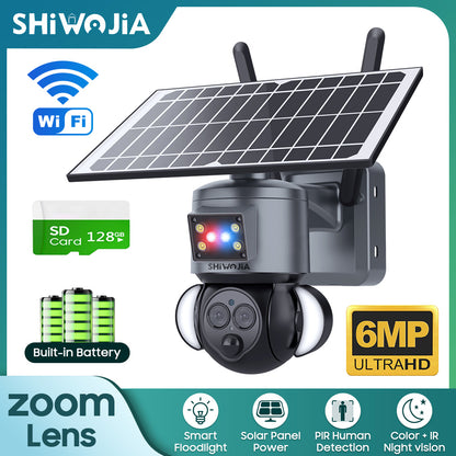 SHIWOJIA 4G SIM / WIFI 12X ZOOM Red/Blue alarm Floodlight Solar Battery PTZ Camera   6MP HD Wireless Security CCTV Including 12000mAh Battery