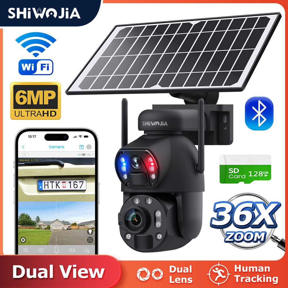 SHIWOJIA Solar Camera 4G SIM / WIFI 6MP Big 36X Zoom Dual Lens Recording Humanoid Tracking Outdoor Camera Metal Waterproof,Built-in Battery