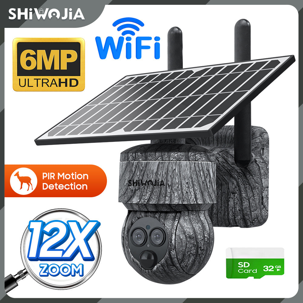 SHIWOJIA 6MP Solar Cameras 4G SIM / WIFI Wireless Outdoor 360° View Animal Monitoring Camouflage Color 12X Zoom Solar Battery PTZ Camera