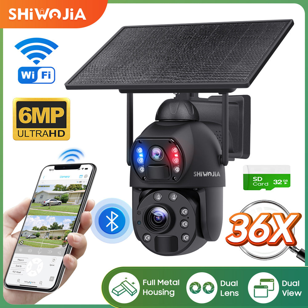 SHIWOJIA 36X Optical add Digital Zoom 4G SIM / WIFI  Cellular Security Camera Dual-Lens,6MP Solar Camera Wireless Outdoor,Siren Alarm,Color Night Vision,Dual Screen,Built-in Battery