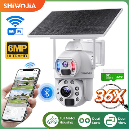 SHIWOJIA 36X Optical add Digital Zoom 4G SIM / WIFI  Cellular Security Camera Dual-Lens,6MP Solar Camera Wireless Outdoor,Siren Alarm,Color Night Vision,Dual Screen,Built-in Battery