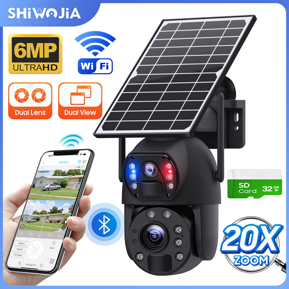 SHIWOJIA 20X Zoom 4G SIM / WIFI Cellular Security Camera Dual-Lens,6MP Solar Camera Wireless Outdoor,Siren Alarm,Color Night Vision,Dual Screen,Built in 12000mAh Battery