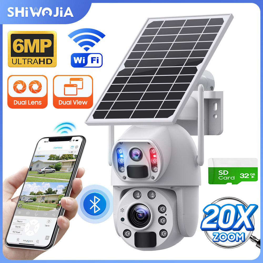 SHIWOJIA 20X Zoom 4G SIM / WIFI Cellular Security Camera Dual-Lens,6MP Solar Camera Wireless Outdoor,Siren Alarm,Color Night Vision,Dual Screen,Built in 12000mAh Battery