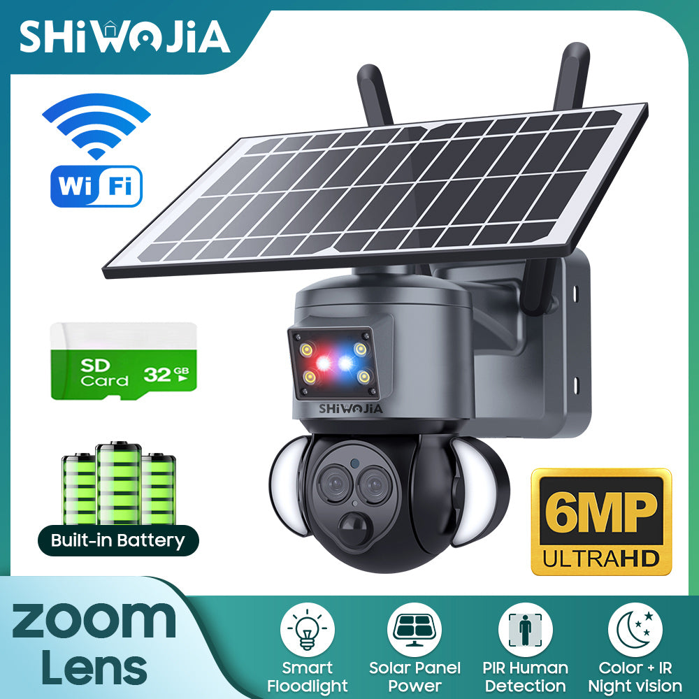 SHIWOJIA 4G SIM / WIFI 12X ZOOM Red/Blue alarm Floodlight Solar Battery PTZ Camera   6MP HD Wireless Security CCTV Including 12000mAh Battery