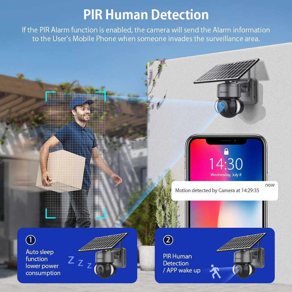 SHIWOJIA 3MP Solar Camera 4G Sim Card Solar Panel Surveillance Cameras Outdoor PIR PTZ Camera Security Protection Battery Cam 
